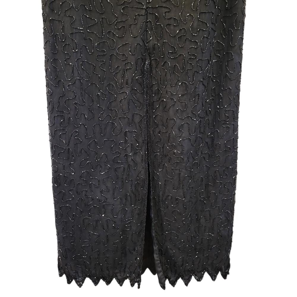 Vintage Laurence Kazar Silk Black Silver Beaded Sequined Full Length Gown Dress - Picture 8 of 12